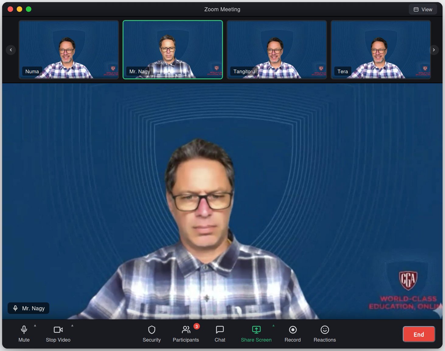 Zoom screenshot showing Mr Nagy's face set as every student's background