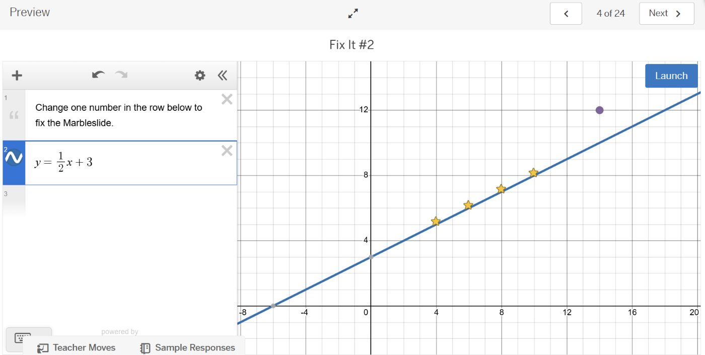 Desmos Marbleslide fix-it challenge showing a linear equation