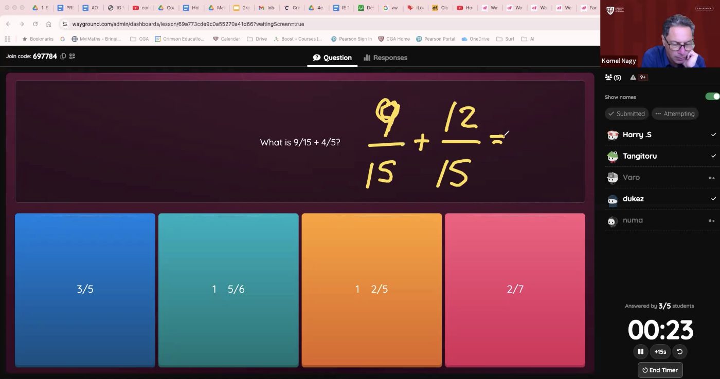 Live Wayground quiz: adding fractions with the same denominator